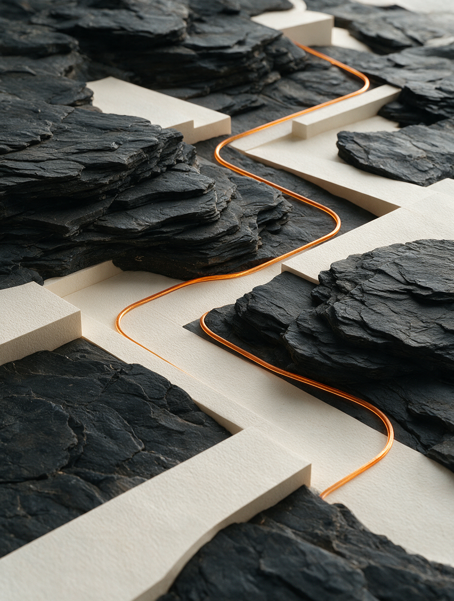 Un fil orange traverse des strates minérales et des chemins clairs, symbole d'une solution construite autour du métier.